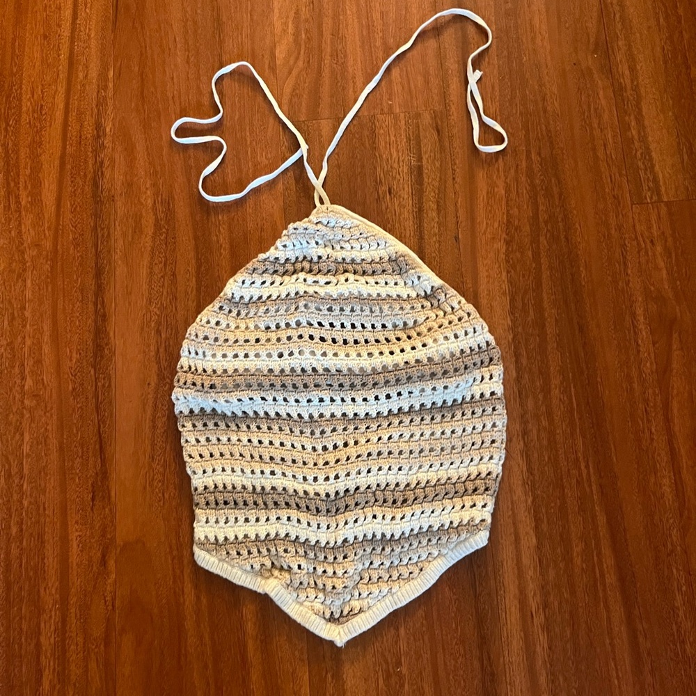 Crochet Halter Top in Cream and Gray